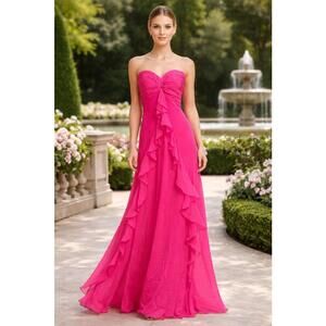 Cache Hot Pink Strapless Ruffle Chiffon Gown Sz 4 NWT Prom Formal Wedding $450